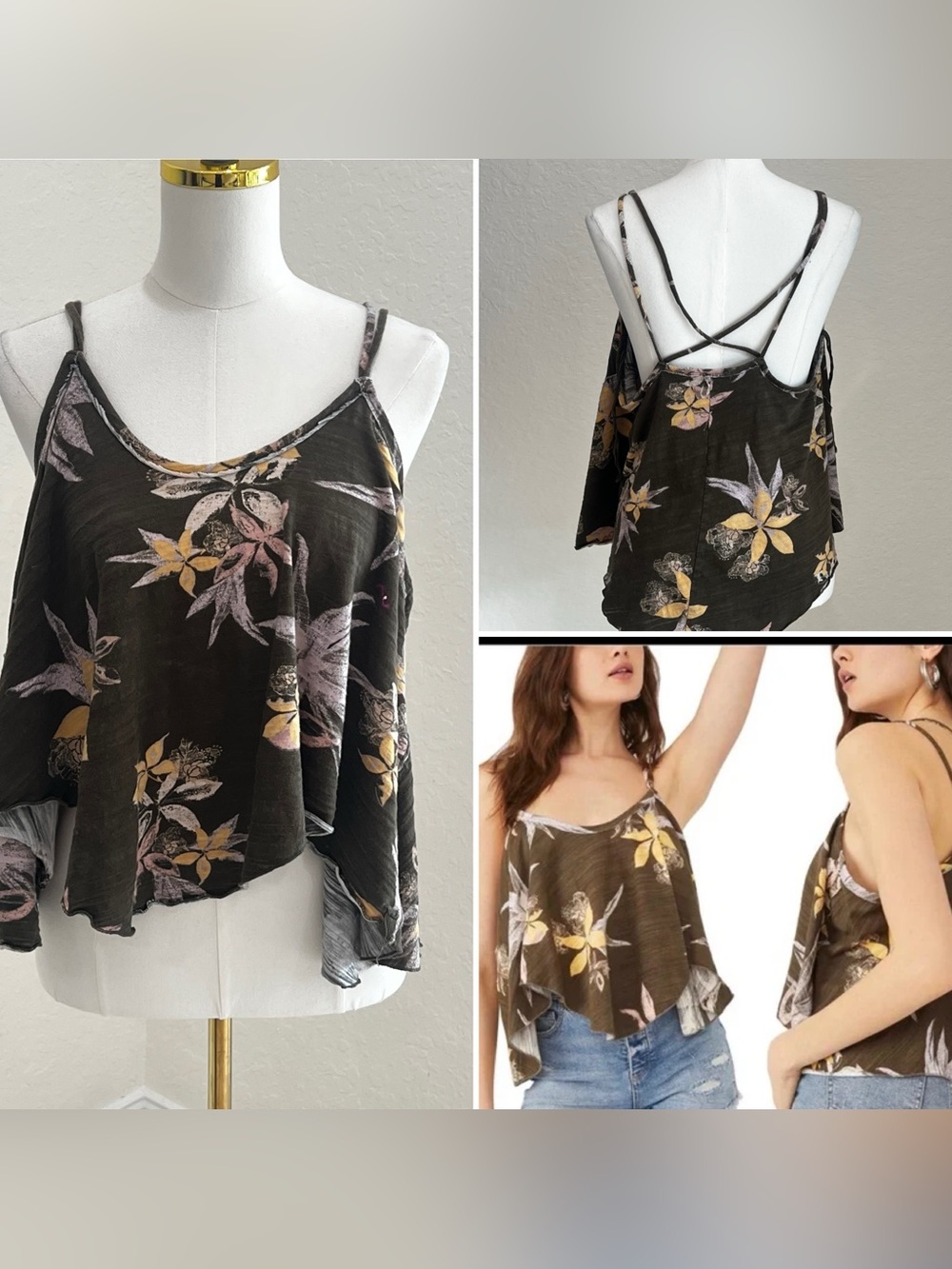 Free People Olive Floral Crisscross Cami